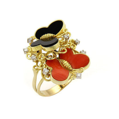 Diamond Coral Onyx 14k Yellow Gold Butterfly Ring - Size 11