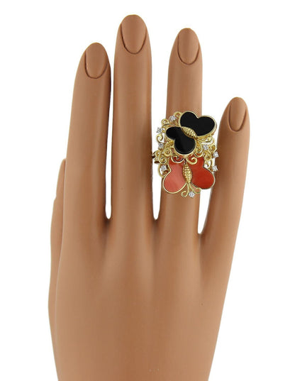 Diamond Coral Onyx 14k Yellow Gold Butterfly Ring - Size 11