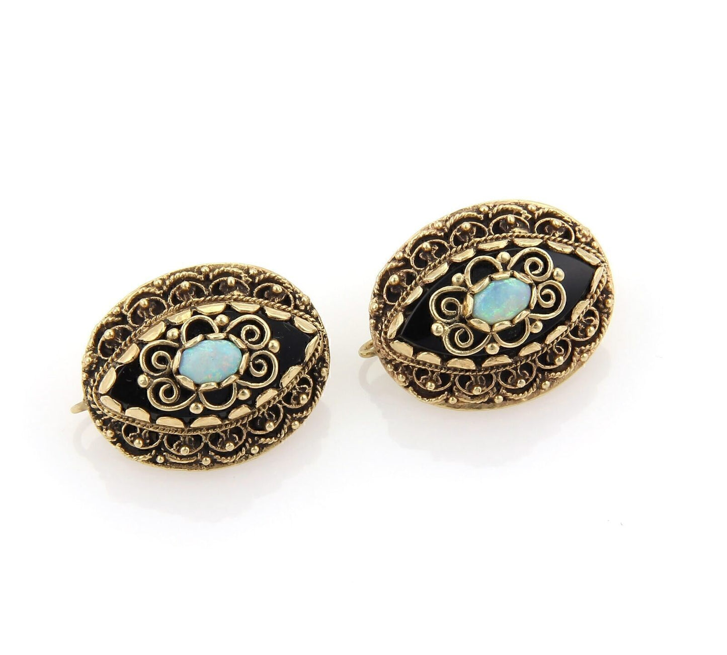Opal & Black Enamel Fancy Scroll Design Drop Earrings