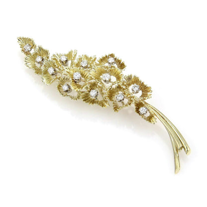 Diamond Floral 14k Yellow Gold Cluster Large Leaf Pin Brooch