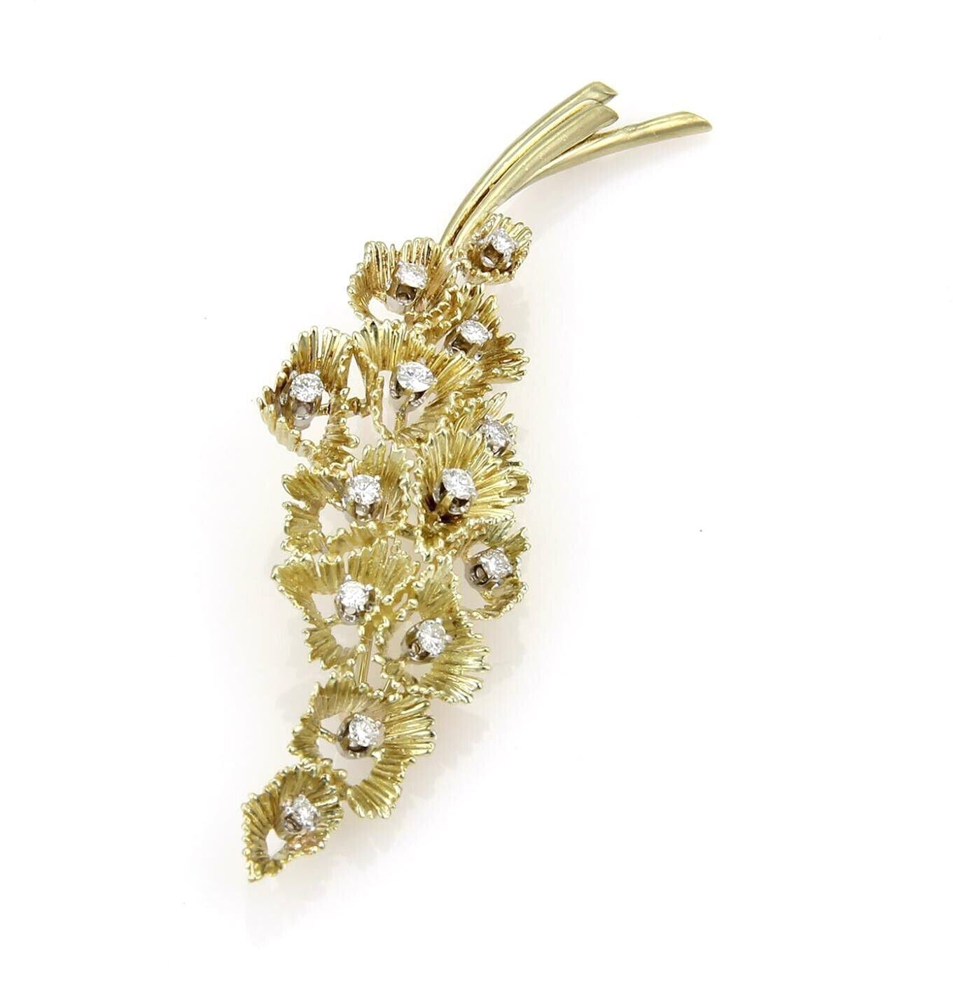 Diamond Floral 14k Yellow Gold Cluster Large Leaf Pin Brooch
