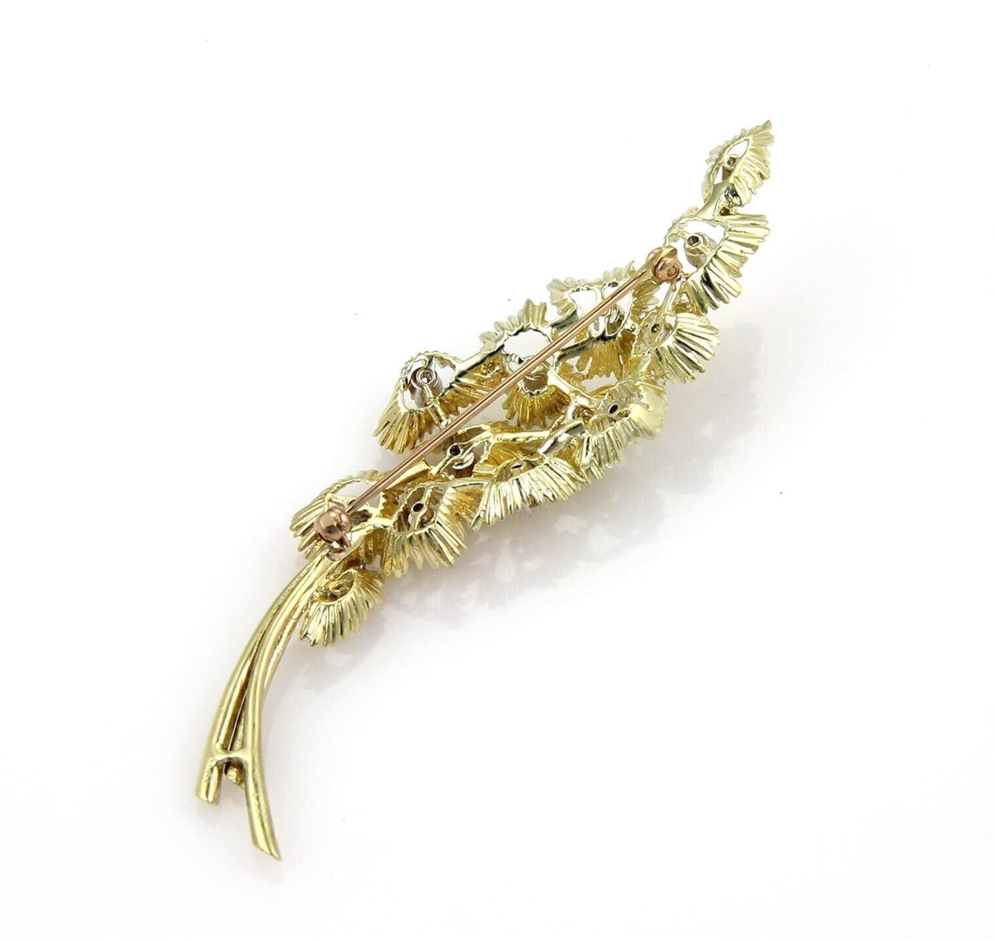 Diamond Floral 14k Yellow Gold Cluster Large Leaf Pin Brooch