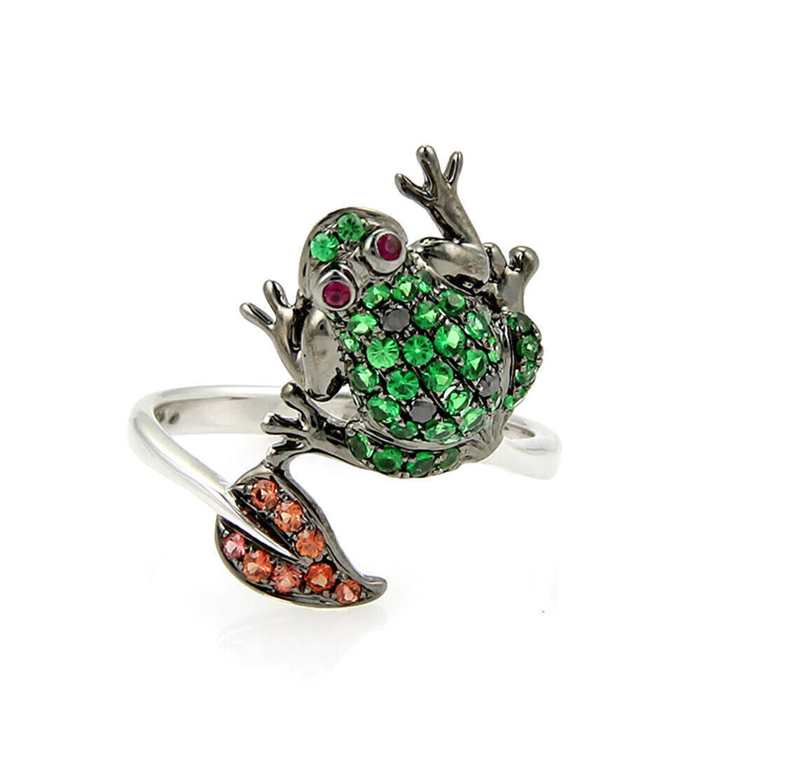 Frog Leaf Bypass 18k White Gold Tsavorite Sapphire Garnet Ring - Size 7