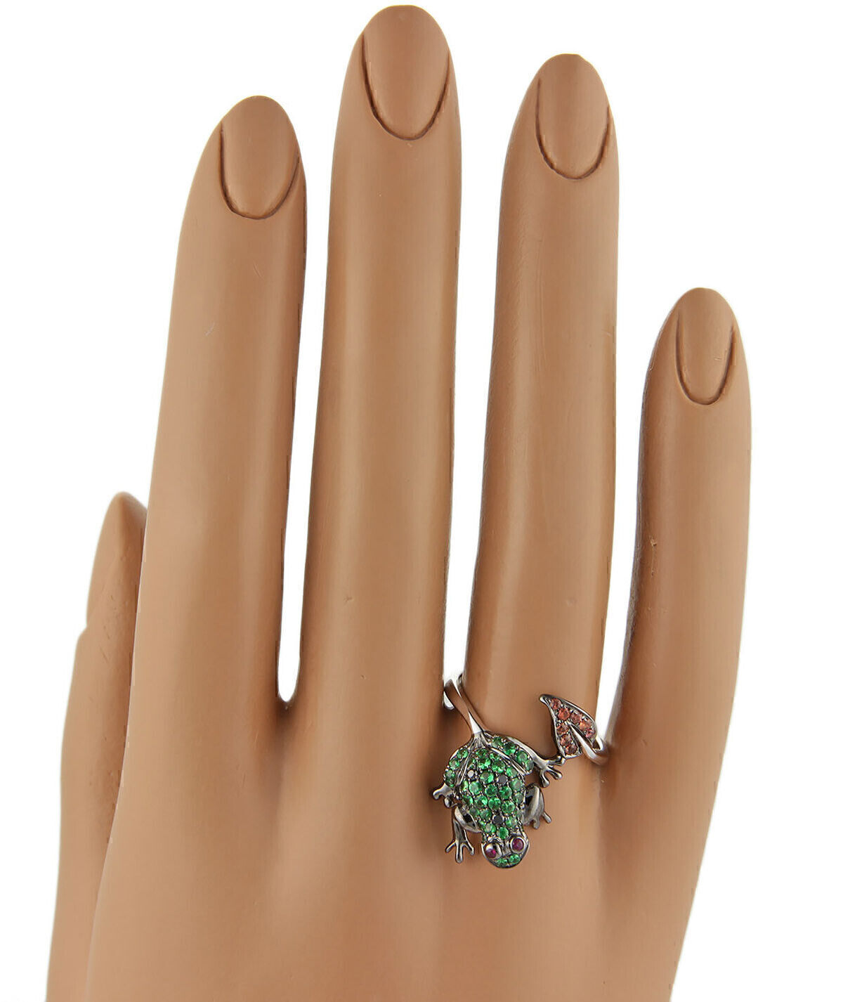 Frog Leaf Bypass 18k White Gold Tsavorite Sapphire Garnet Ring - Size 7