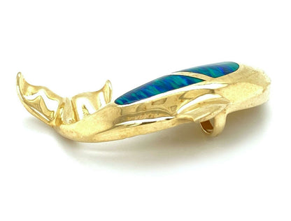 Opal Inlay Dolphin 14k Yellow Gold Charm Pendant