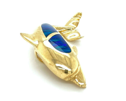 Opal Inlay Dolphin 14k Yellow Gold Charm Pendant