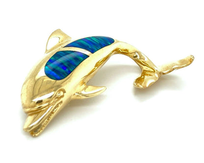 Opal Inlay Dolphin 14k Yellow Gold Charm Pendant