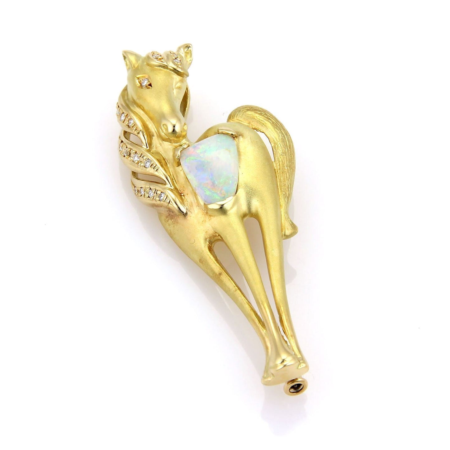 Horse Fire Opal & Diamonds 18k Yellow Gold Pendant Pin Brooch