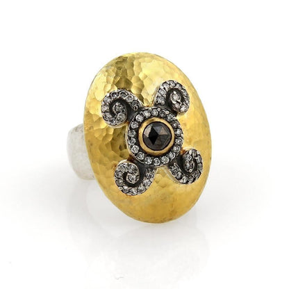 Gurhan Oval Dome Diamond 24k Gold & Sterling Silver Hammered Ring - Size 6.5