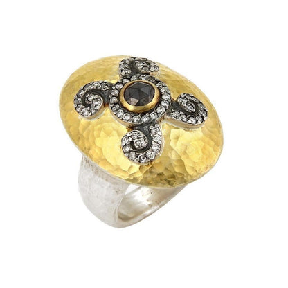 Gurhan Oval Dome Diamond 24k Gold & Sterling Silver Hammered Ring - Size 6.5