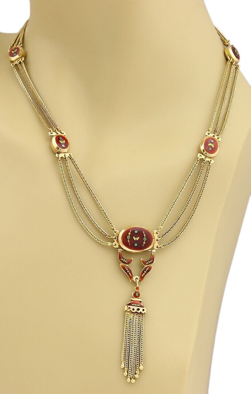 Antique Red Floral Enamel Triple Strand 18k Yellow Gold Tassel Necklace