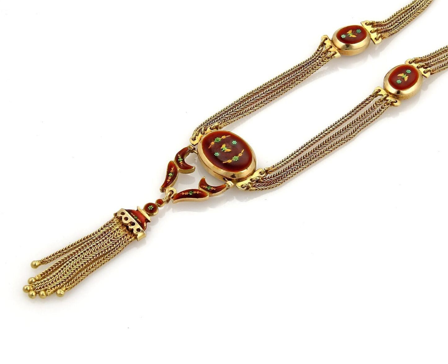 Antique Red Floral Enamel Triple Strand 18k Yellow Gold Tassel Necklace