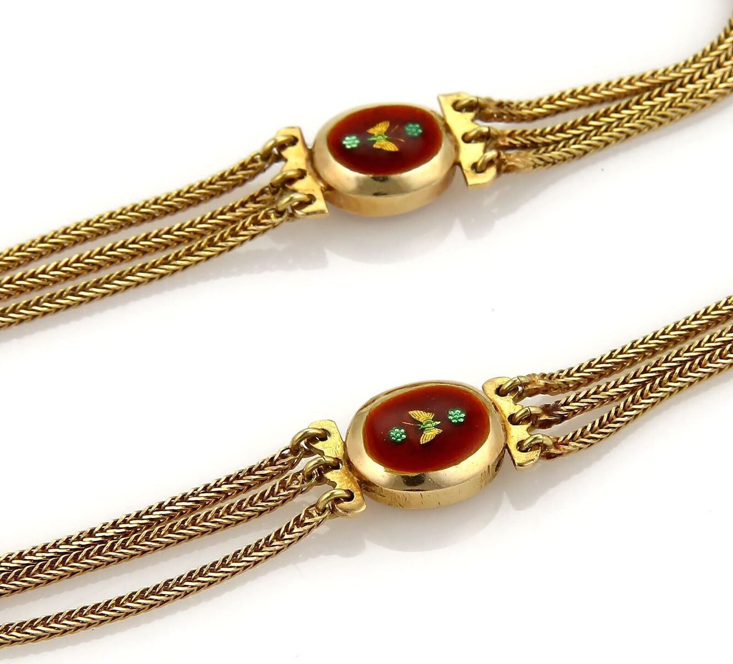 Antique Red Floral Enamel Triple Strand 18k Yellow Gold Tassel Necklace
