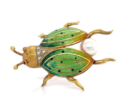 Diamond Pearl & Ruby Enamel 18k Yellow Gold Beetle Bug Pin Brooch