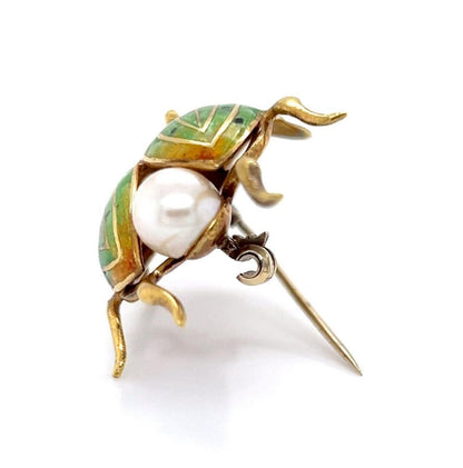 Diamond Pearl & Ruby Enamel 18k Yellow Gold Beetle Bug Pin Brooch
