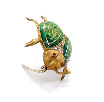 Diamond Pearl & Ruby Enamel 18k Yellow Gold Beetle Bug Pin Brooch