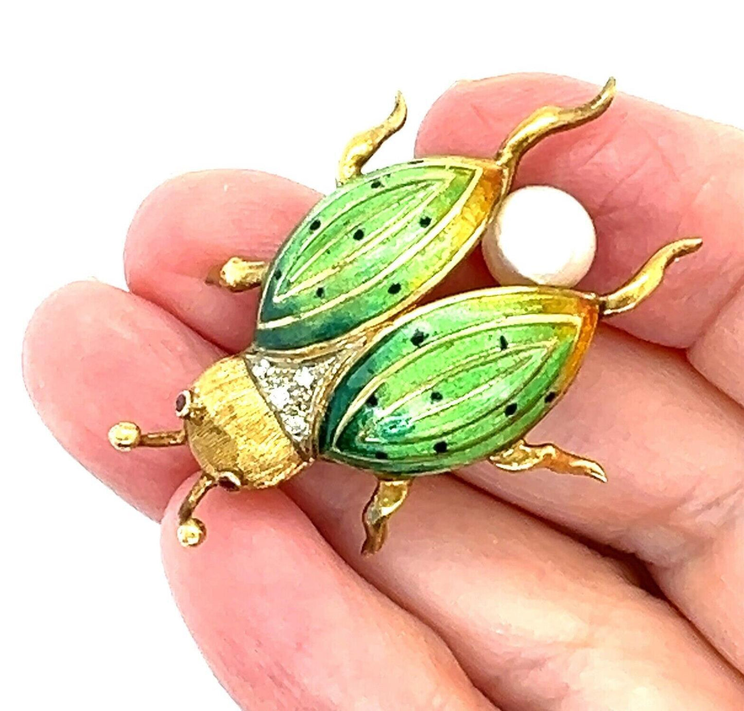 Diamond Pearl & Ruby Enamel 18k Yellow Gold Beetle Bug Pin Brooch