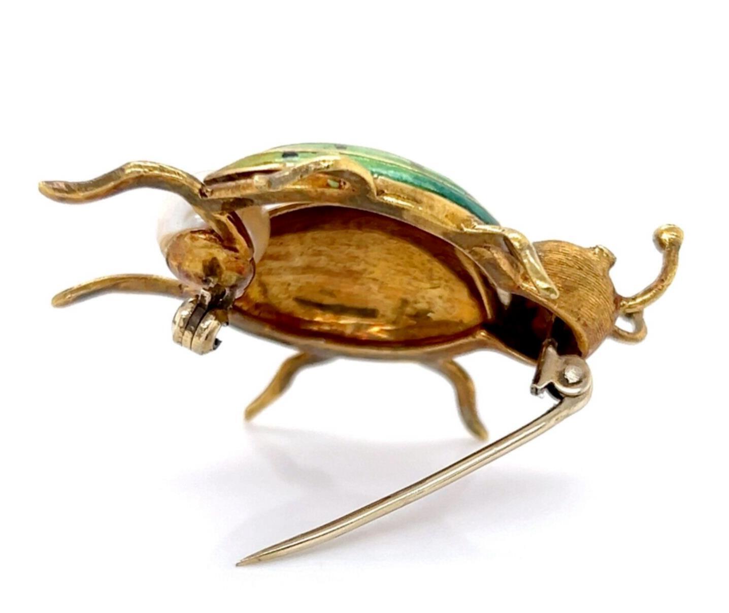 Diamond Pearl & Ruby Enamel 18k Yellow Gold Beetle Bug Pin Brooch