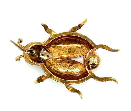 Diamond Pearl & Ruby Enamel 18k Yellow Gold Beetle Bug Pin Brooch