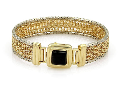 Wide 14k Yellow Mesh Gold & Onyx Bracelet