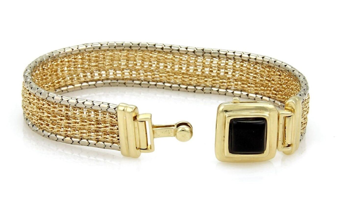 Wide 14k Yellow Mesh Gold & Onyx Bracelet