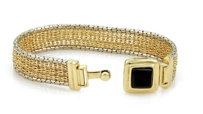 Wide 14k Yellow Mesh Gold & Onyx Bracelet