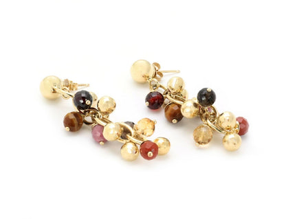 Multi-Color Gems 14k Yellow Gold Cluster Bead Dangle Earrings
