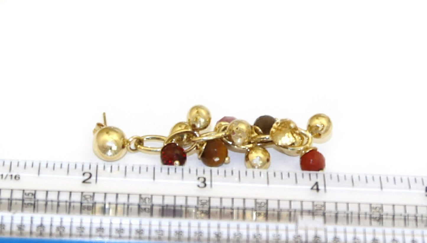 Multi-Color Gems 14k Yellow Gold Cluster Bead Dangle Earrings