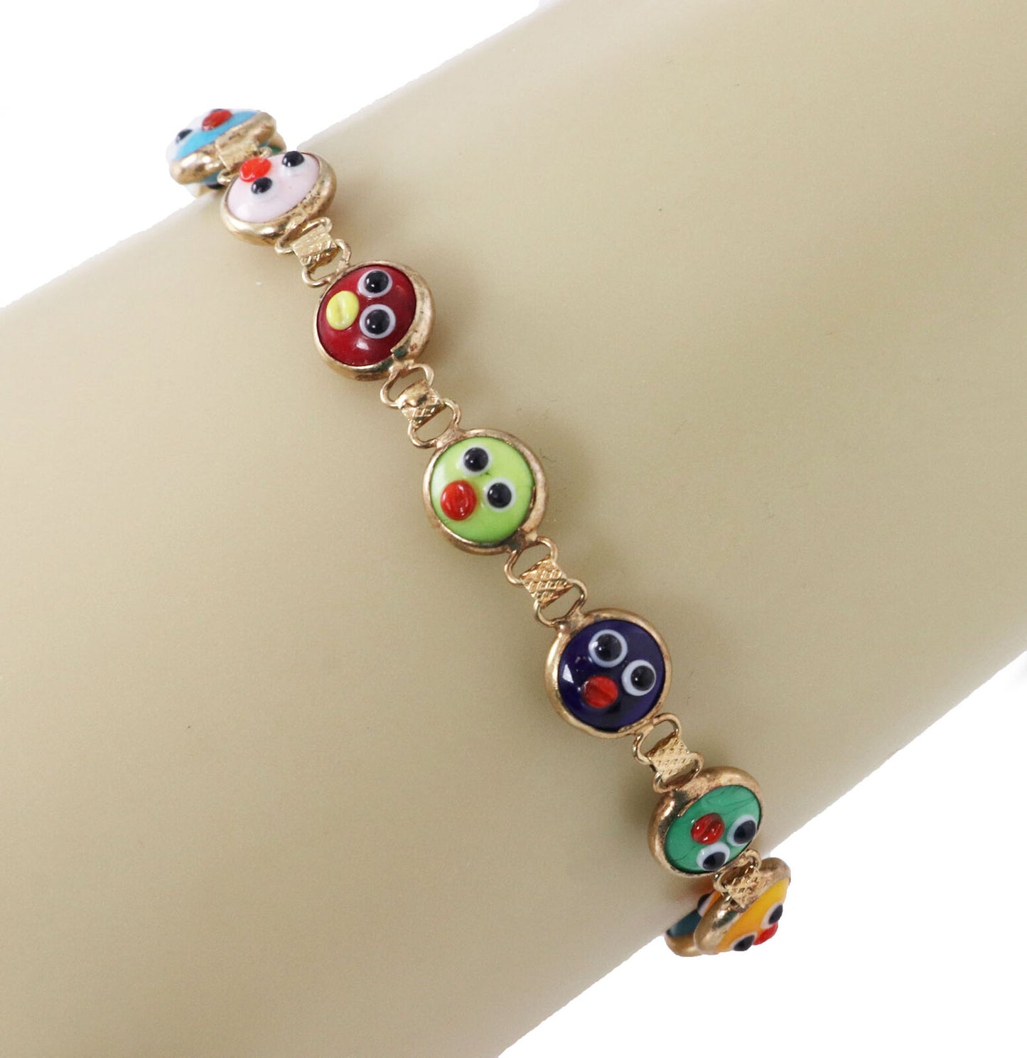 Multicolor Enamel Double Sided Happy Face 14k Yellow Gold Bead Link Bracelet