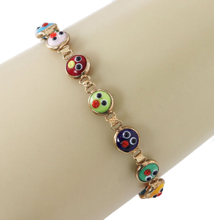 Multicolor Enamel Double Sided Happy Face 14k Yellow Gold Bead Link Bracelet