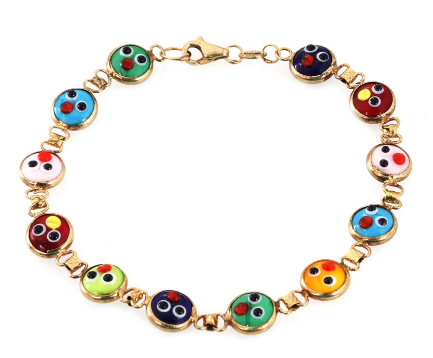 Multicolor Enamel Double Sided Happy Face 14k Yellow Gold Bead Link Bracelet