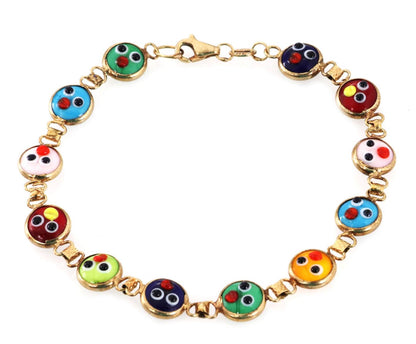 Multicolor Enamel Double Sided Happy Face 14k Yellow Gold Bead Link Bracelet