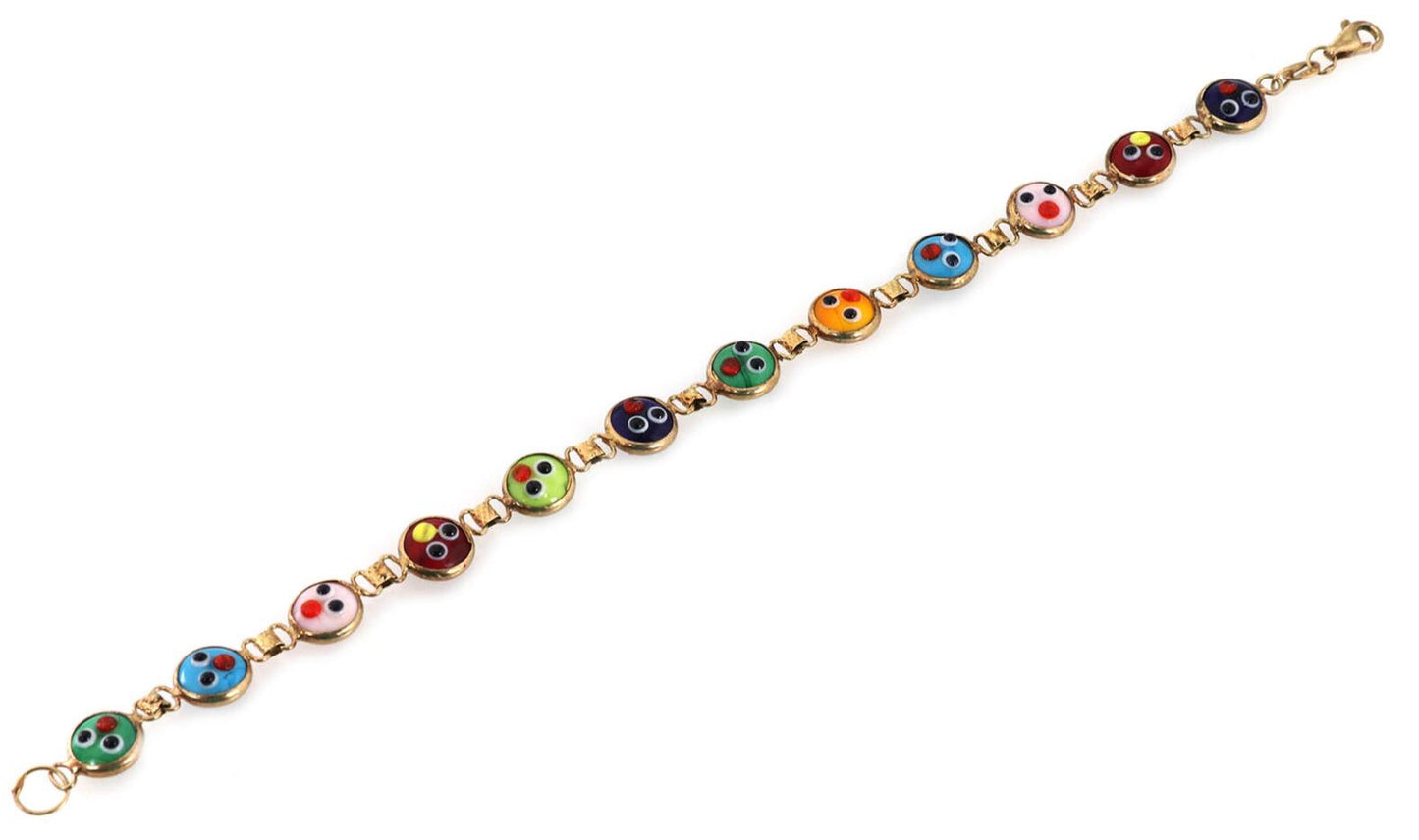 Multicolor Enamel Double Sided Happy Face 14k Yellow Gold Bead Link Bracelet