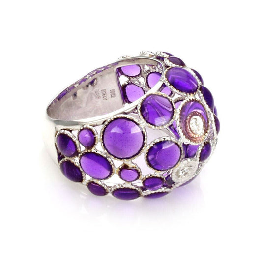 Roberto Coin Bollicine Diamond Purple Enamel 18k White Gold Dome Ring - Size 6.5