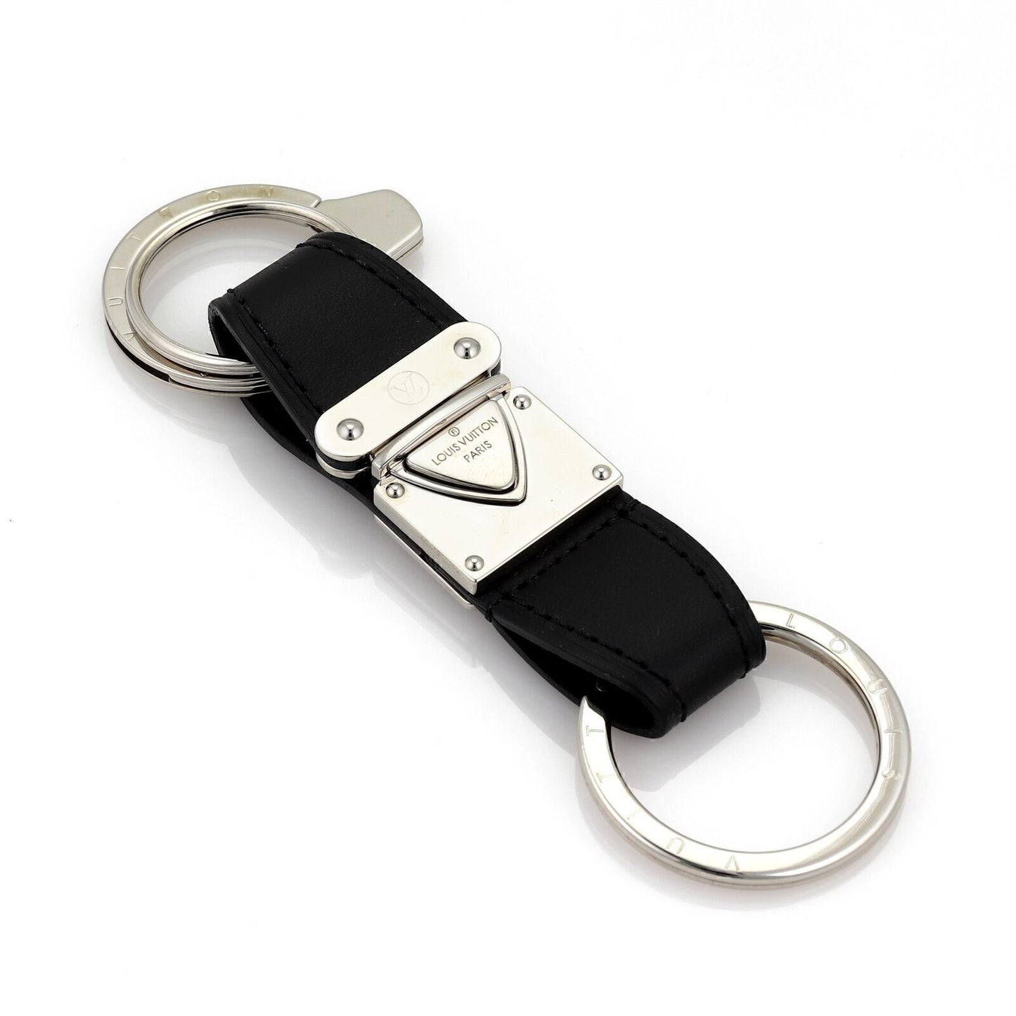Louis Vuitton three-ring strap key holder in black leather and silver-tone metal