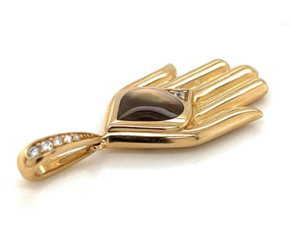 Kabana Diamond Mother of Pearl 14k Yellow Gold Hamsa Fatima Hand of God Charm Pendant