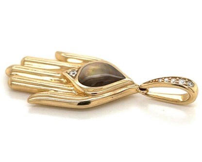 Kabana Diamond Mother of Pearl 14k Yellow Gold Hamsa Fatima Hand of God Charm Pendant