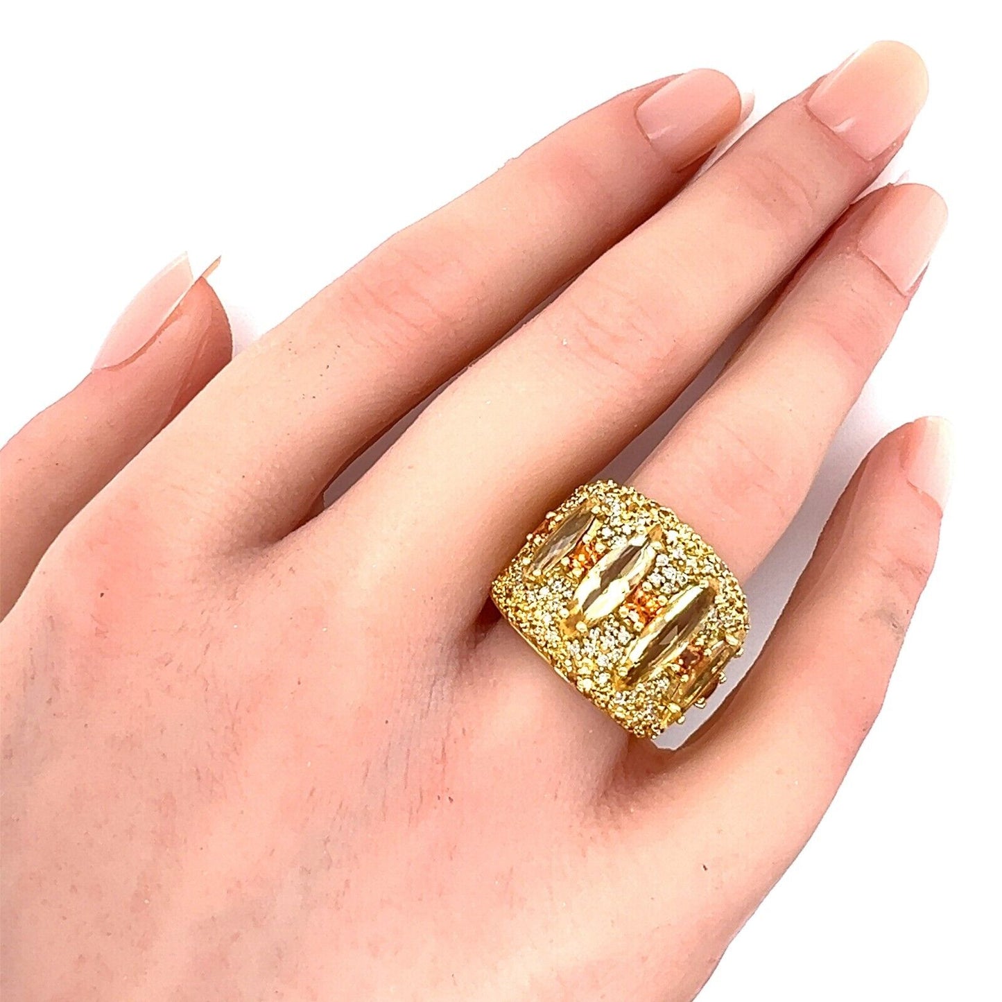 Guild Diamond Sapphire & Citrine 18k Yellow Gold Wide Band Ring - Size 6