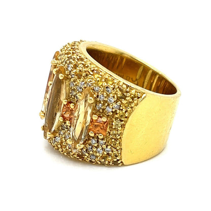 Guild Diamond Sapphire & Citrine 18k Yellow Gold Wide Band Ring - Size 6