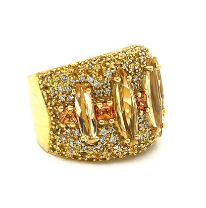 Guild Diamond Sapphire & Citrine 18k Yellow Gold Wide Band Ring - Size 6