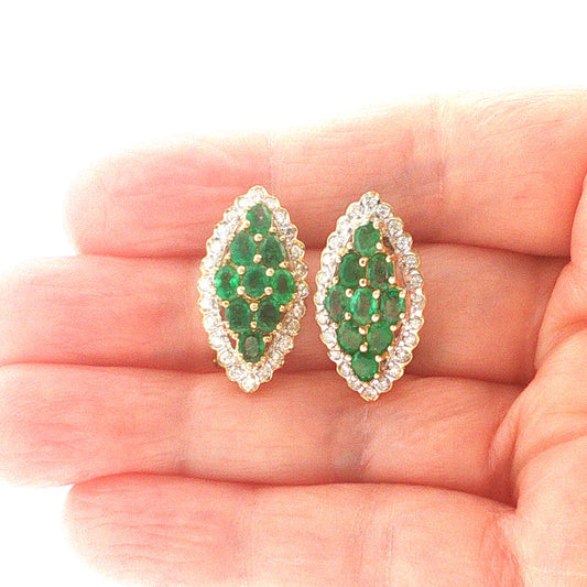 Emerald Diamond 14k Yellow Gold Cluster Stud Earrings