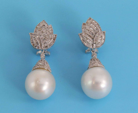 Baguette Diamond 16mm Large Pearl 18k White Gold Floral Dangle Earrings | Earrings | catalog, Earrings, Estate, Pearls | Estate