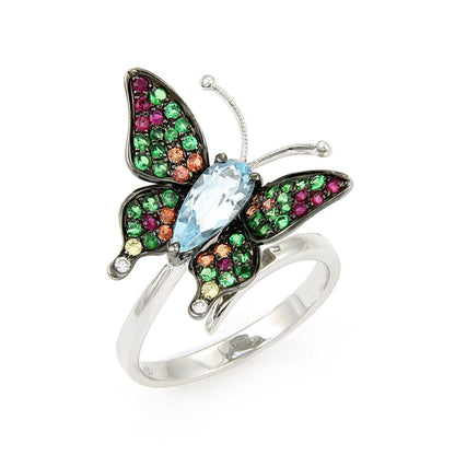 Blue Topaz Tsavorite & Sapphire 18k White gold Butterfly Ring - Size 7