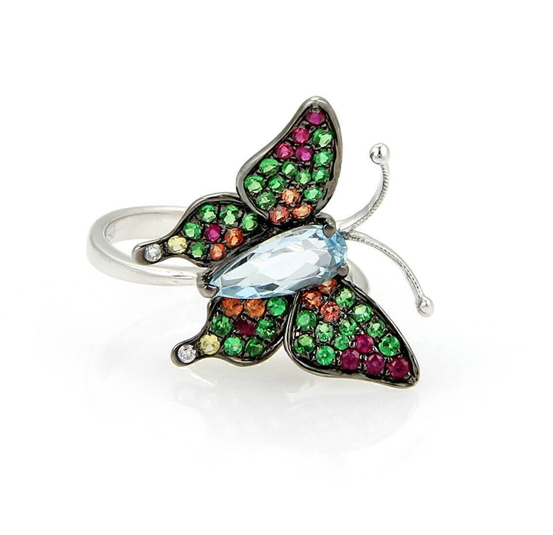 Blue Topaz Tsavorite & Sapphire 18k White gold Butterfly Ring - Size 7