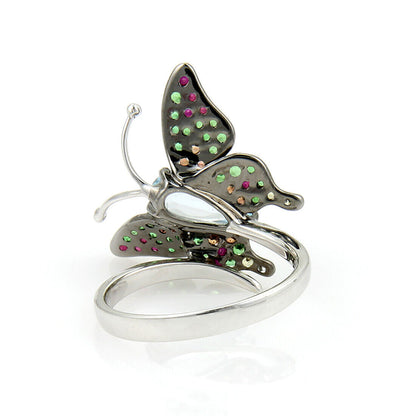 Blue Topaz Tsavorite & Sapphire 18k White gold Butterfly Ring - Size 7