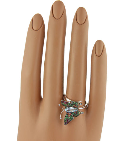 Blue Topaz Tsavorite & Sapphire 18k White gold Butterfly Ring - Size 7