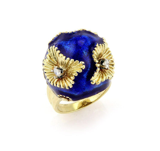 Diamond Enamel Solid 18k Yellow Gold Floral Dome Ring - Size 6