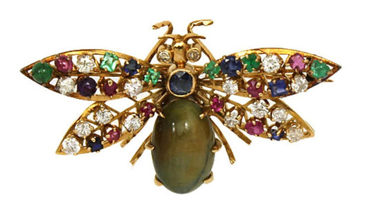 Diamond & Multi-Color Gems Jade 14k Yellow Gold Winged Bug Brooch