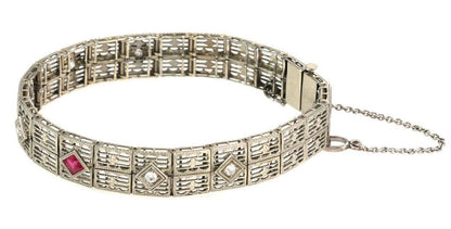 Art Deco Diamond 18k White Gold Filigree Bracelet