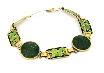 Carved Jade & Enamel 14k Yellow Gold Link Bracelet